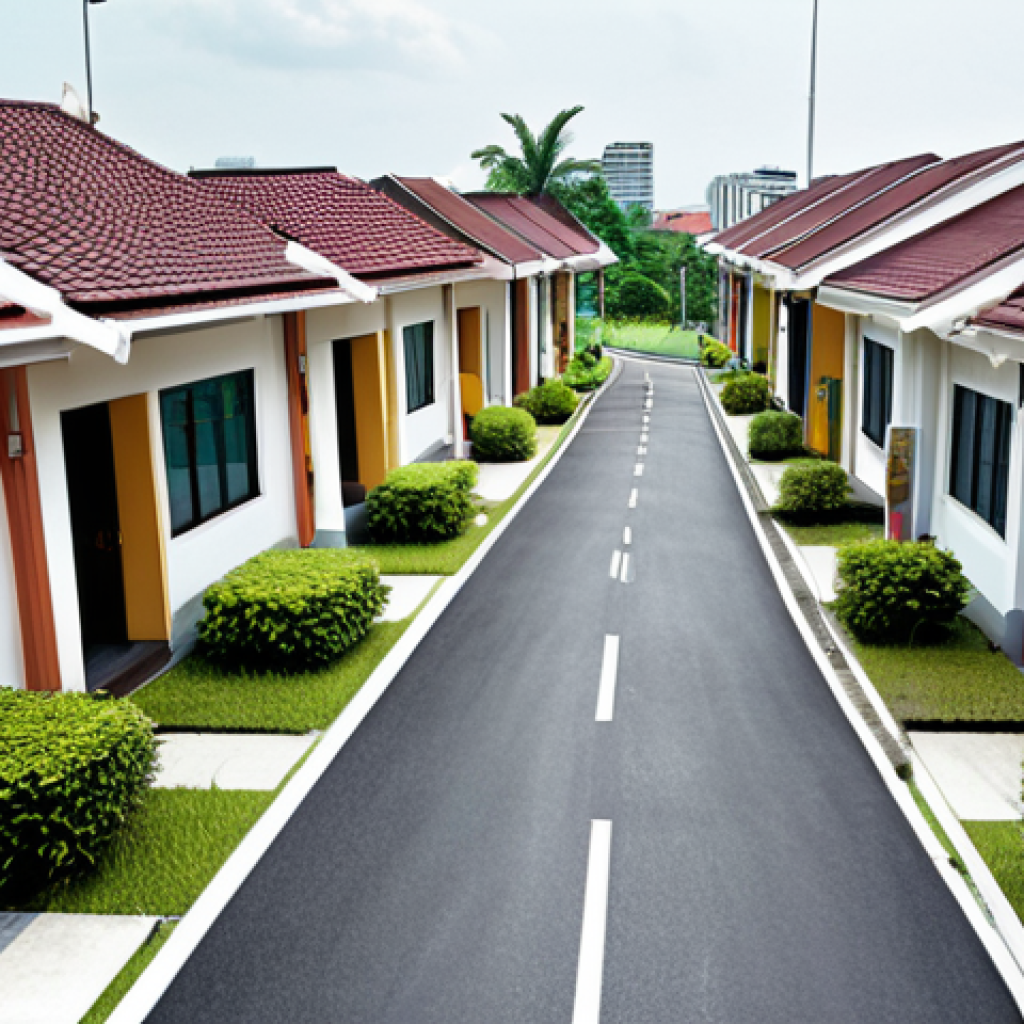 **Prompt:** A serene residential area in Malaysia with modern terrace houses, focusing on the accessibility to nearby essential amenities like supermarkets, clinics, and public transportation (buses, MRT). The image should subtly convey a sense of convenience and ease of living.