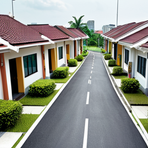**Prompt:** A serene residential area in Malaysia with modern terrace houses, focusing on the accessibility to nearby essential amenities like supermarkets, clinics, and public transportation (buses, MRT). The image should subtly convey a sense of convenience and ease of living.