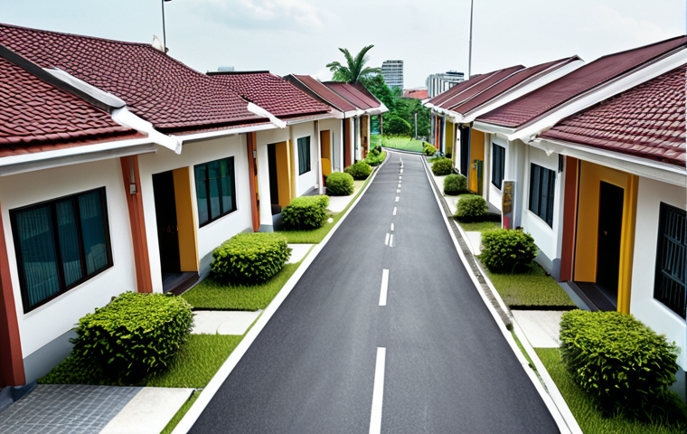 **Prompt:** A serene residential area in Malaysia with modern terrace houses, focusing on the accessibility to nearby essential amenities like supermarkets, clinics, and public transportation (buses, MRT). The image should subtly convey a sense of convenience and ease of living.