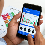 ** A young Malaysian adult happily using a mobile phone app with charts and graphs displayed, representing investment growth. Focus on a clean, modern app interface with Ringgit Malaysia (RM) symbols. Caption: "Start your investment journey today!"

**