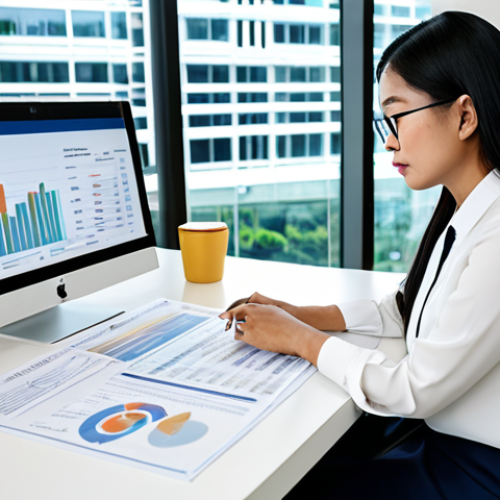 A thoughtful professional of Malaysian ethnicity, dressed in modest business attire, is seated at a sleek modern desk in a well-lit office. The individual is deeply engaged in reviewing financial documents and a transparent digital display that visually represents various long-term financial goals such as a family home, educational savings, and retirement plans. The setting is clean and contemporary, subtly incorporating Malaysian architectural or design elements. The image conveys focused financial planning, risk assessment, and the pursuit of future aspirations. safe for work, appropriate content, fully clothed, professional, perfect anatomy, correct proportions, natural pose, well-formed hands, proper finger count, natural body proportions, professional photography, high quality, detailed, realistic.